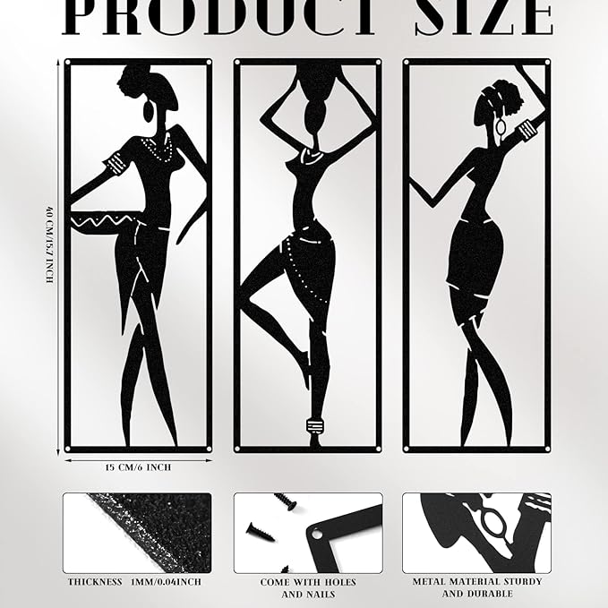 Therwen 3 Pieces African Women Metal Wall Decor Black Women Metal Wall Art African American Black Minimalist Decor for Bedroom Bathroom Living Room Home 15.7 x 6 Inch