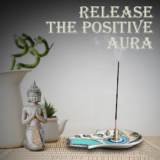 Ceramic Hamsa Hand Incense Holder - 2 in 1 Brass Incense Holder for Sticks and Coil Incense- Zen Decor with Hand of Fatima Design Protection from Evil - 6.2" L X 4.5" W (Blue)