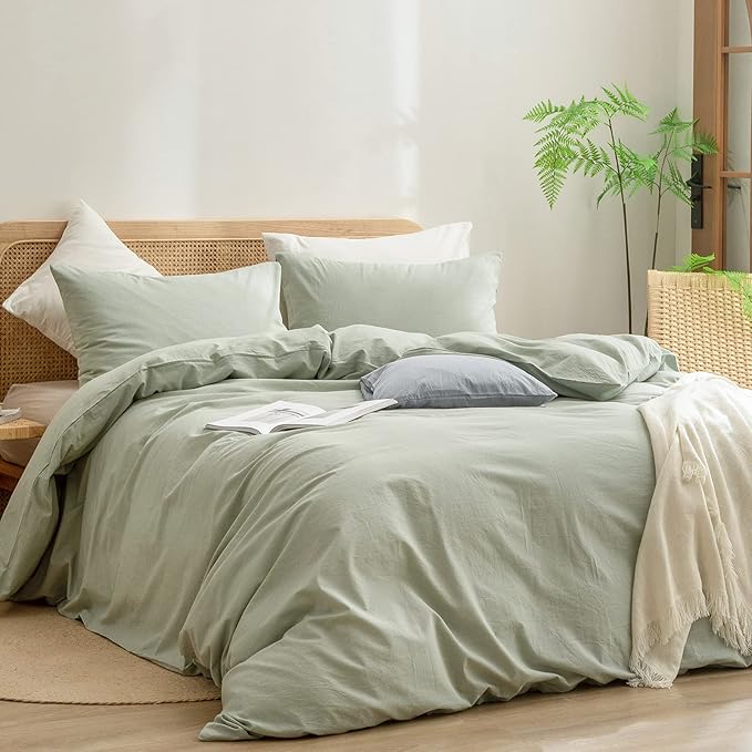 BESTOUCH Duvet Cover Set 100% Washed Cotton Linen Feel Super Soft Comfortable Chic Lightweight 3 PCs Home Bedding Set Solid Sage Green Cal King