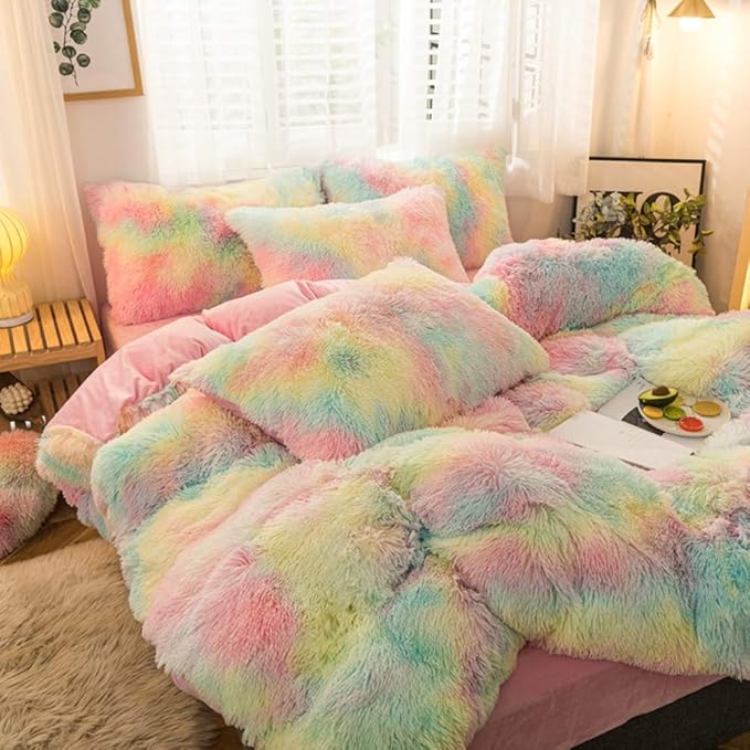 MorroMorn 5 PCS Plush Shaggy Duvet Cover Sets, Luxury Shag Fluffy Comforter Cover Fuzzy Bedding Set - Long Faux Fur Ultra Soft Cozy (Rainbow, Full/Queen)