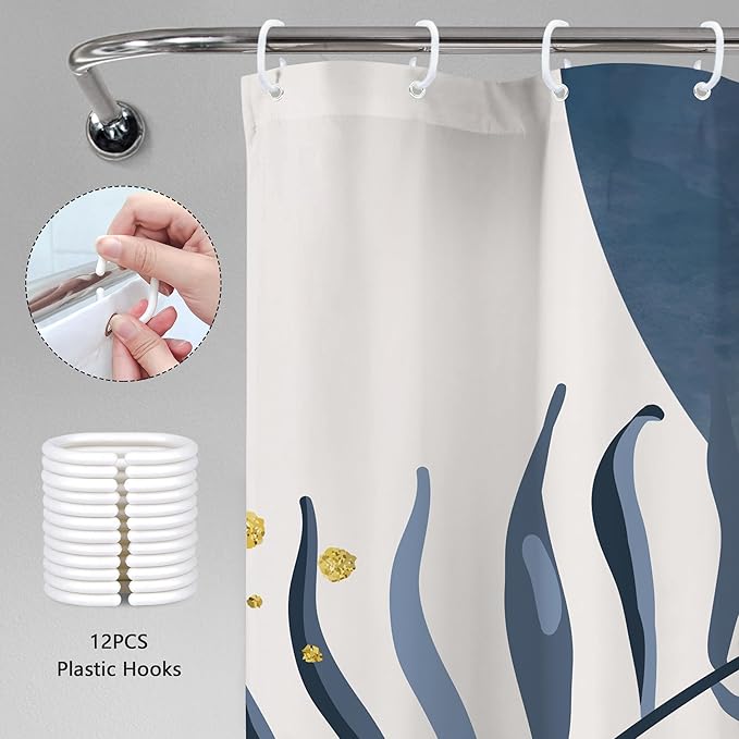 Navy Blue Boho Shower Curtain 72Wx78H Grey Modern Bohemian Abstract Leaves Plant Botanical Mid Century Minimalist Bathroom Decor Geometric Neutral Bath Curtain Fabric Polyester 12 Pack Hooks