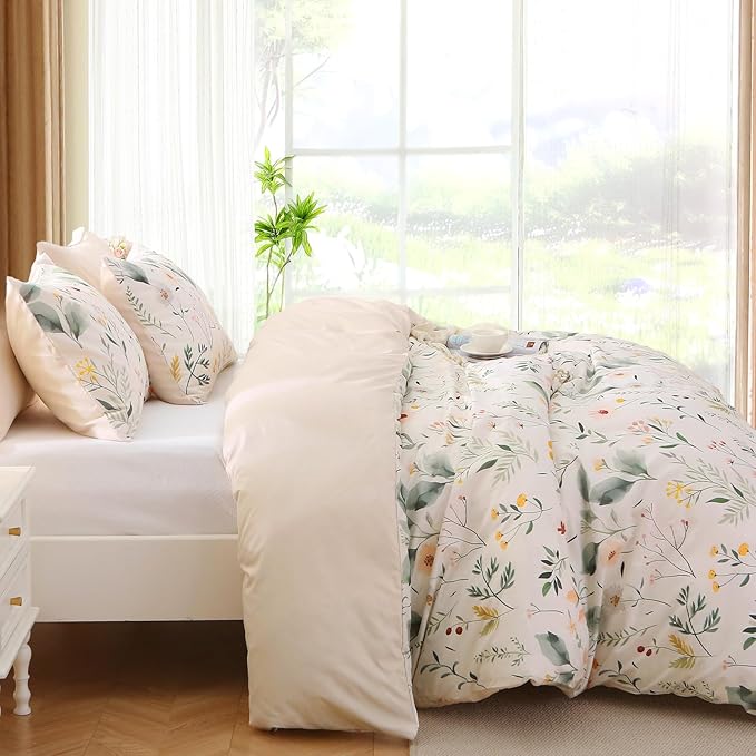 MUXHOMO Duvet Cover King Size, Reversible Floral Vintage Cover Set with Zipper Closure, 3 Pieces Botanical Patterns Soft Microfiber Bedding Set (90"x104", 2 Pillow Cases 20"×36", Garden Leaves Beige)