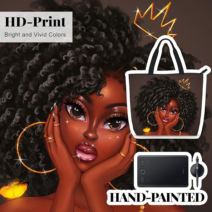 African American Women Tote Bag Black Shoulder Handbag For Women Fit Work Beach Labtops With Zip