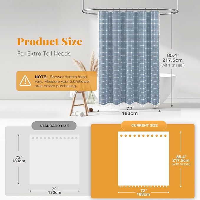 BTTN Extra Long Shower Curtain - 72x84 Inch Long Boho Chic Tassel Linen Fabric Shower Curtain Set with Hooks, Tall Modern Farmhouse Elegant Heavy Duty Thick Cloth Shower Curtains for Bathroom - Blue