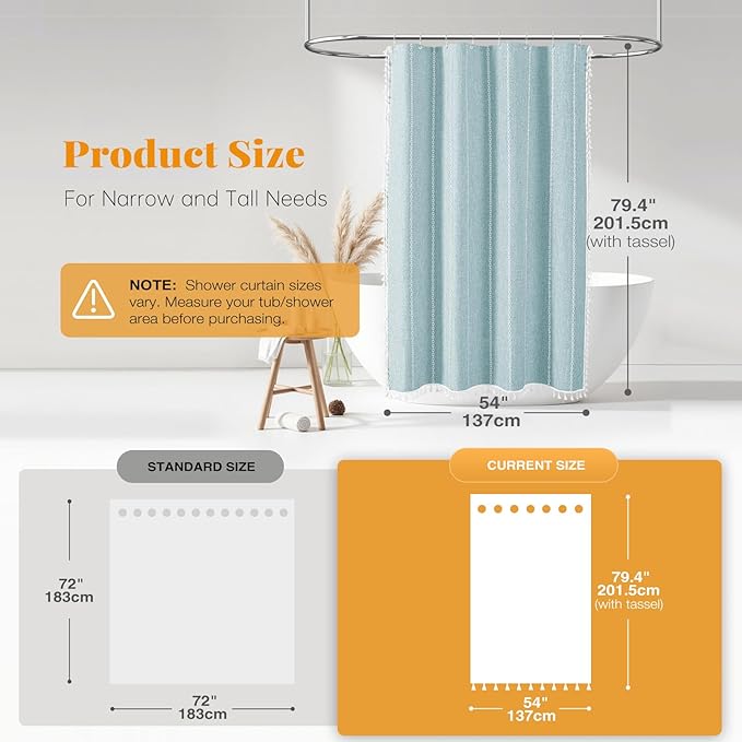 BTTN Stall Fabric Shower Curtain - 54x78 Boho Striped Linen Heavy Duty Tassel Shower Curtain Set with 10 Hooks, Narrow Rustic Modern Farmhouse Bohemian Cloth Shower Curtains for Bathroom - Fog Blue