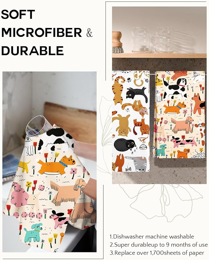 Microfiber Kitchen Towels - Set of 2 Dish Towels for Kitchen 18 x 26 Inch Home Decoration Crayon Dog Cat Cute Spring Hand Towels Soft & Absorbent Aesthetic Design