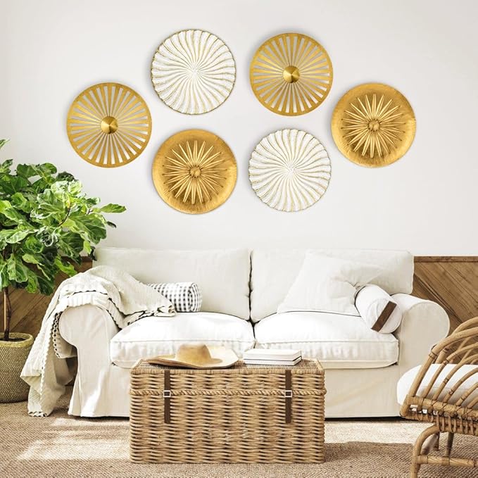 Briful 12" Wall Décor Pack of 3 Metal Gold & White Washed Starbursts Radial Plate Wall Art Modern Accent Hanging Wall Decorations For Home Office Bedroom Or Living Room Wall Sculptures