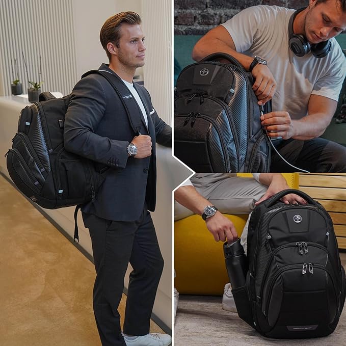 Swissdigital Design Men's 17 Inch Laptop Backpack with Apple Find My Network and USB Charging Port, Large Capacity Business Travel Backpack for College and Business | SD1643FB-01