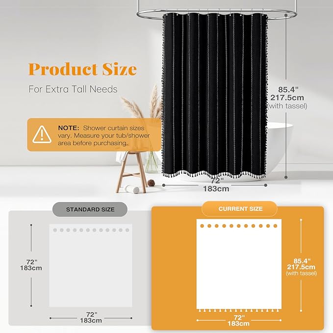 BTTN Extra Long Shower Curtain, 72x84 Inch Long Boho Tassel Linen Fabric Shower Curtain Set with Plastic Hooks, Large Modern Farmhouse Country Decorative Shower Curtain for Bathroom, Black and White