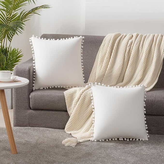 DEZENE Decorative Pillow Cases 18x18 Cream White: 2 Pack Cozy Soft Pom-poms Velvet Square Throw Pillow Covers for Farmhouse Home Decor