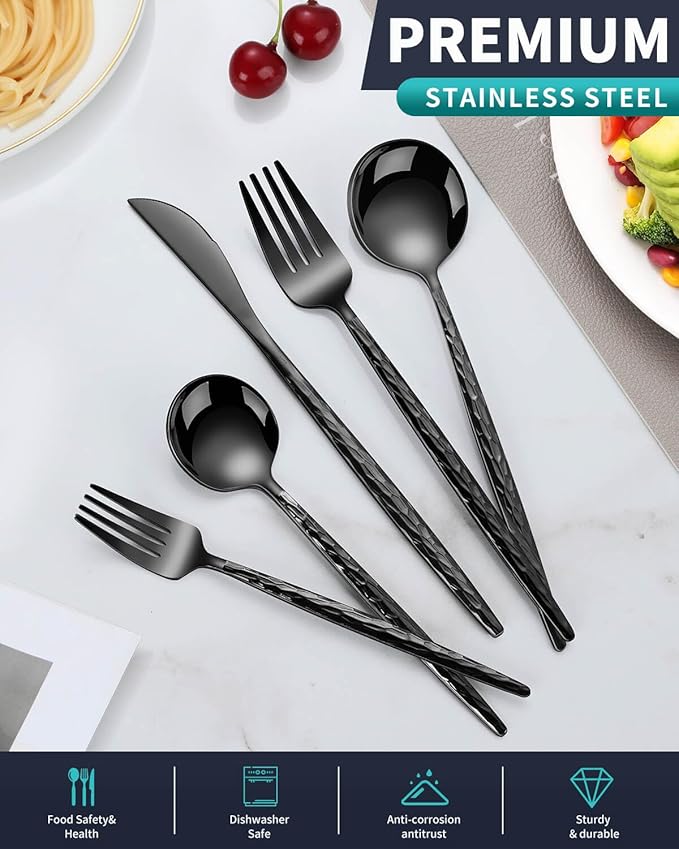 Hammered Black Silverware Set,30 Piece Stainless Steel Flatware Set for 6,Modern Cutlery Set,Includes Spoon Fork Knives Set,Home Kitchen and Restaurant,Dishwasher Safe