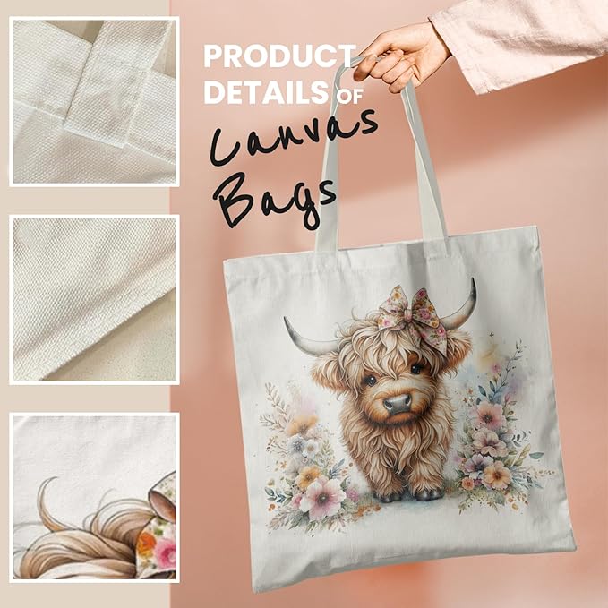Western Highland Cow Canvas Tote Bag - Highland Cow Lover Gifts,Canvas Shoulder Bag for Women for Girls
