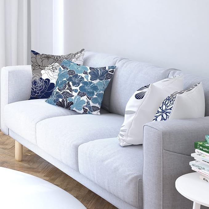 COMMINY Blue Grey Pillow Covers 16x16 Set of 6 Decorative Daisy Flower Throw Pillow Cover for Couch Modern Farmhouse Cushion Pillow Case for Living Room Patio Home Decor