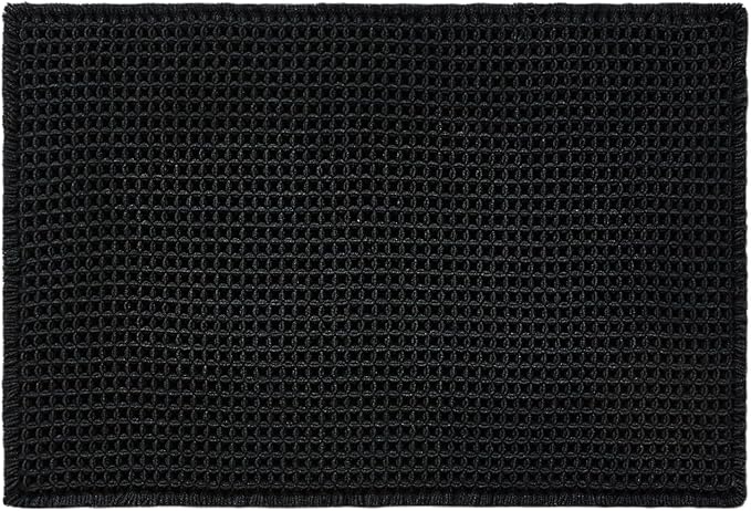 Black Bathroom Rug, Waffle Bath Mat Non Slip Washable Super Absorbent Quick Dry Boho Farmhouse Bathroom Decor, 24"x16" Black