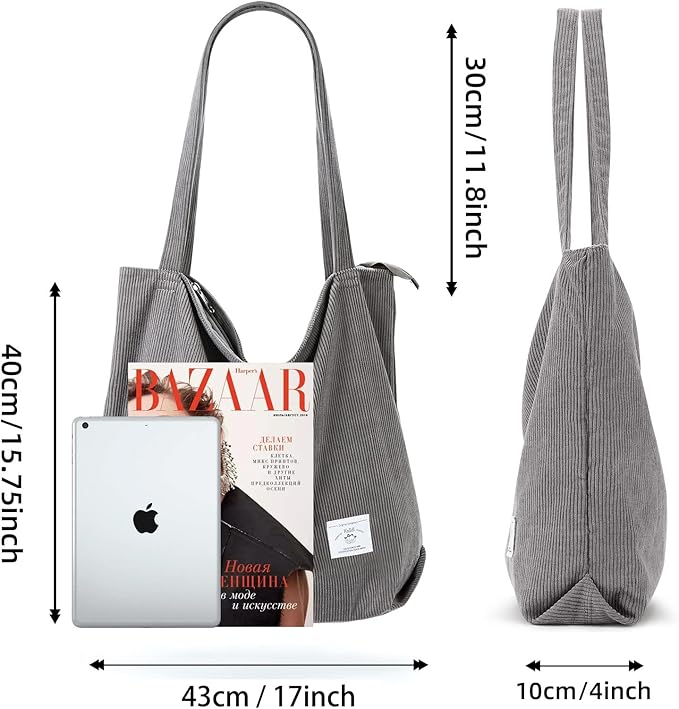 KALIDI Women Corduroy Tote Bag Zipper Casual Tote's Handbag Big Capacity Shoulder Bag with Pockets