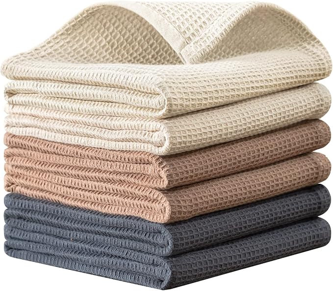 QUILTINA Dish Towels Set,100% Cotton Waffle Weave Kitchen Towels 6 Pack,17 x 25 Inches Dish Towels for Kitchen,Super Absorbent for Drying and Cleaning (Beige, Brown, Dark Grey)