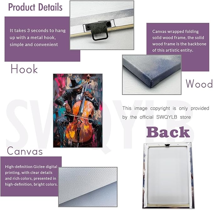 SWQYLB Black Music Wall Art Abstract Jazz Wall Decor African American Painting Canvas Musical Instruments Pictures Classroom Music Men Room Decor Framed (Black, (16.00" x 24.00"))