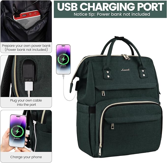 LOVEVOOK Laptop Backpack for Women,18 Inch Professional Womens Travel Backpack Purse Computer Laptop Bag Nurse Teacher Backpack,Waterproof College Work Bags Carry on Back Pack with USB Port,Dark Green