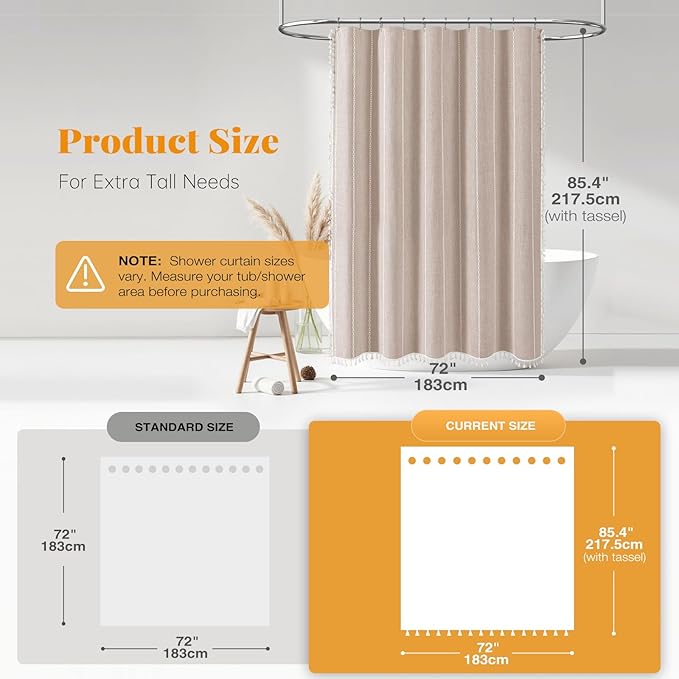 BTTN Extra Long Shower Curtain - 72x84 Long Boho Chic Striped Tassel Linen Fabric Shower Curtain Set with Hooks, Tall Modern Farmhouse Aesthetic Weighted Cloth Shower Curtains for Bathroom - Tan/Taupe