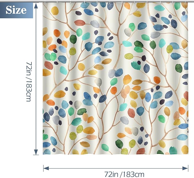 Aimego Colorful Spring Shower Curtain - Watercolor Plant Leaves Floral Summer Nature Botanical Fabric Cloth Bath Shower Curtain Set with 12 Hooks for Bathroom Decor Accessories, 72"x72"