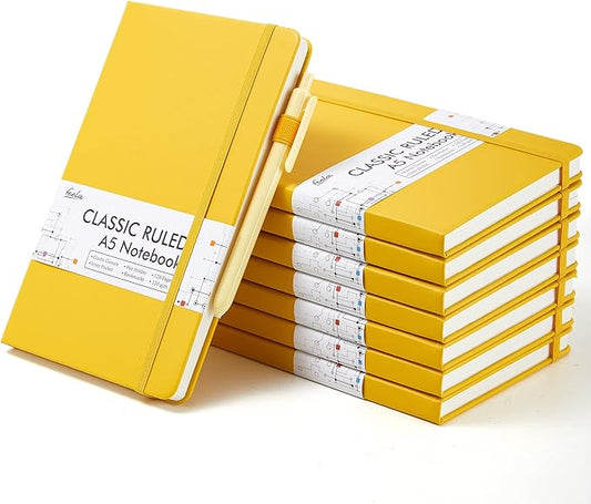 feela 8 Pack Journal Notebook Bulk for School, Hardcover Business Notebooks Classic Ruled Lined Journals with Pen Holder for Work Note Taking, with 8 Black Pens, 120 GSM, 5.1”x8.3”, A5, Yellow