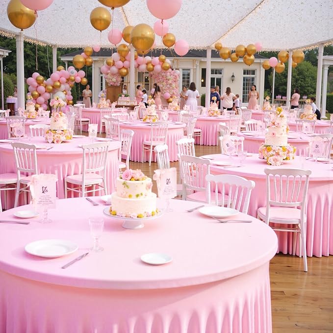 Outpain 6 Pack Pink 72inch Spandex Round Tablecloths, Stretchy 132inch Fitted 6FT Round Table Cloths, Wrinkle Free Table Cover with Skirt for Wedding Party Dining Banquet