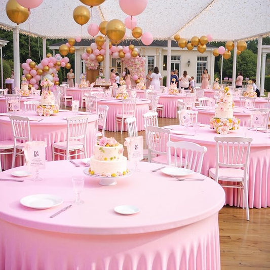Outpain 6 Pack Spandex Pink Round Tablecloths for 60in Tables, 120Inch Stretchy Fitted 5FT Round Table Clothes,Wrinkle Free Table Cover with Skirt for Wedding Party Dining Banquet