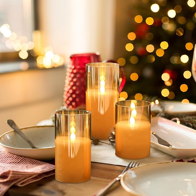GenSwin Rechargeable Candles with Charging Station, Glass Battery Operated Flamless Candles with Remote Timer, LED Pillar Flickering Candle for Halloween Christmas Wedding Home Decor(Pack of 3, Gold)