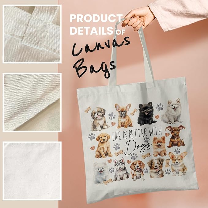 Dog Mom Canvas Tote Bags - Reusable Grocery Bags for Shopping, Funny Dog Lover Gifts for Women