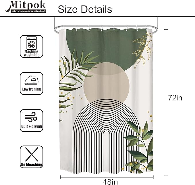 Stall Small Boho Shower Curtain 48Wx72H Rv Sage Green Modern Bohemian Abstract Leaves Mid Century Plant Half Narrow Bathroom Decor Minimalist Geometric Bath Curtain Fabric Polyester 8 Pack Hook