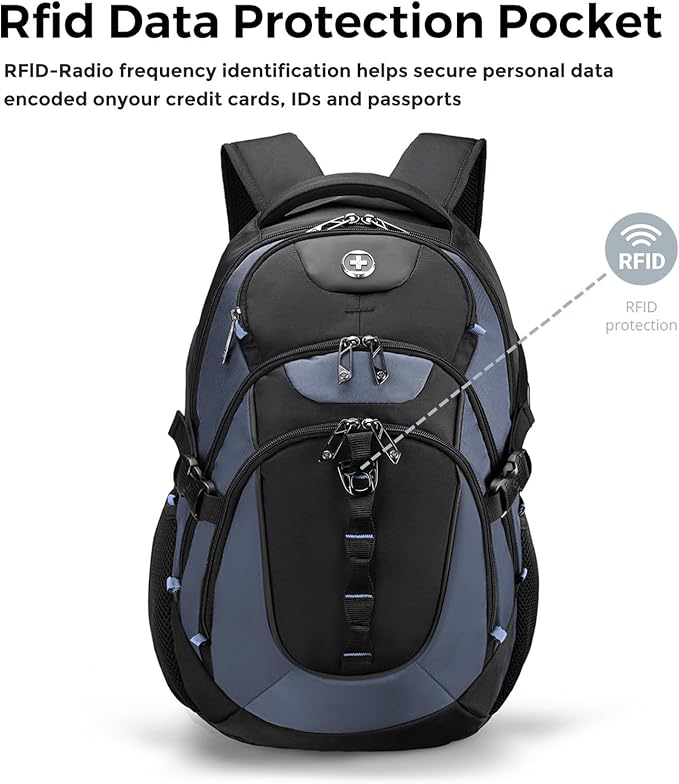 Swissdigital Design Laptop Backpack with USB Charging Port, Travel Backpack Fits 15.6 inches Computer, 31L College School Backpack for Men, Haze Blue/Black | SD803