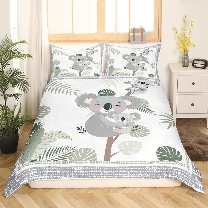 Castle Fairy Cute Koala Kids Duvet Cover Set Full SizeKawaii Koala Baby Western Wild Animal Comforter Cover with 2 PillowcasesGreen Leaves Plant Grey Plaid Cartoon Breathable Bedspread for Boys Teens