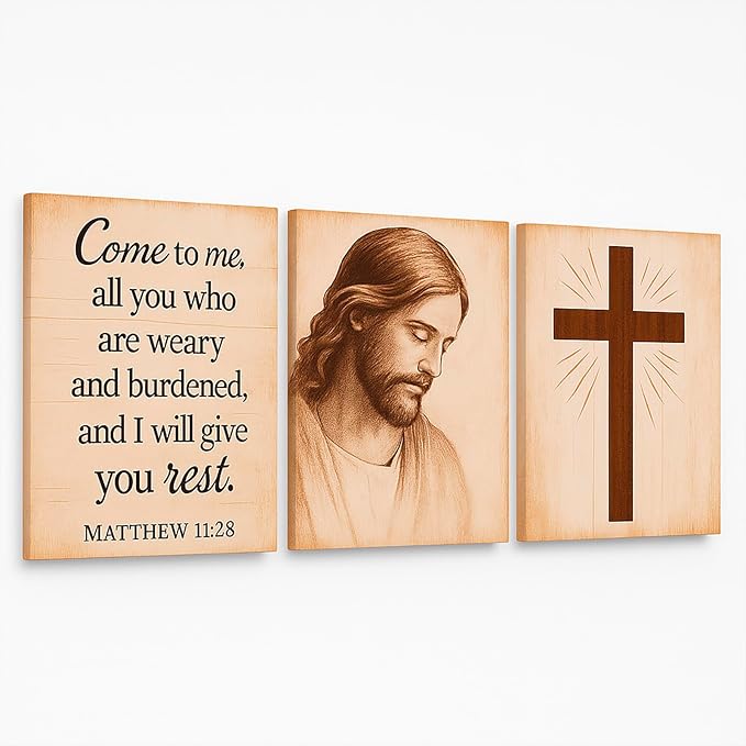 DoawBang Rustic Farmhouse Wall Art Set of 3– Jesus Portrait, Cross, and Scripture – Wooden Frame Canvas Prints, “Come to Me” Matthew 11:28, Christian Home Decor for Living Room, Prayer Room, 12"x16"