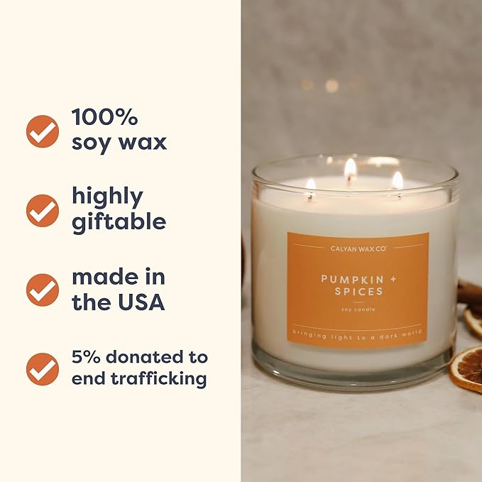 Calyan Wax Co. 3 Wick Candle, Pumpkin + Spice Scented Candle, 43 Hour Burn Time, 3 Wick Soy Candles, Non Toxic & Vegan Soy Wax, Glass Jar Holiday Scented Candles, 14.9oz