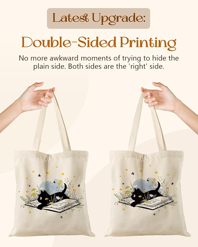 Canvas Tote Bag for Women – Aesthetic Canvas Bag with Zipper Cute Stylish Reusable Shoulder Totes for Shopping Work Daily Vacation, Cat Read