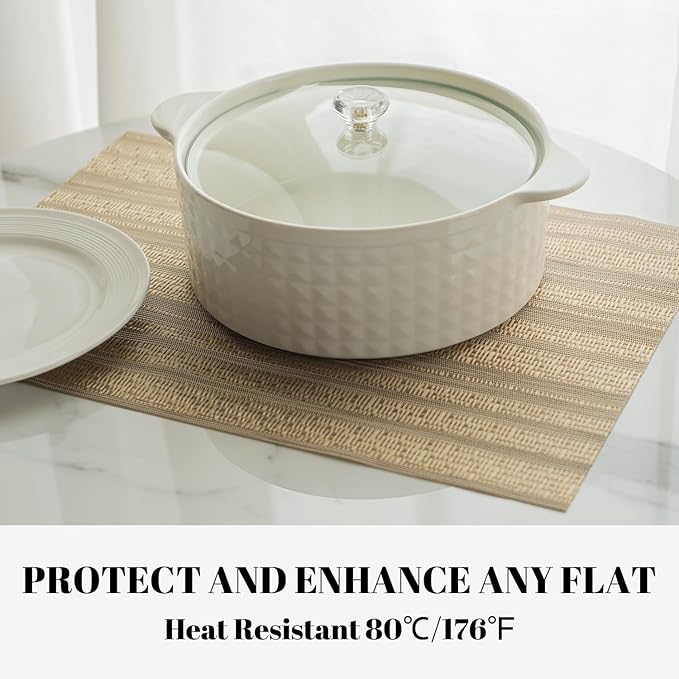 Placemats Set of 4 Vinyl/Plastic Woven Place Mats for Kitchen Table Indoor/Outdoor Washable Placemat Wipeable Dining Table Mats (Aurora Gold,4)