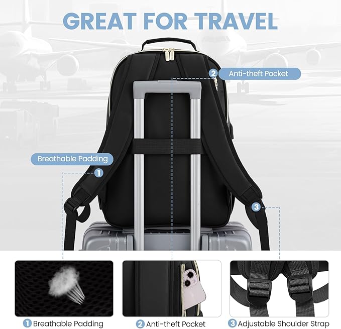 LOVEVOOK Leather Backpacks for Women,15.6 inch Leather Laptop Backpack Women Computer Backpack Laptop Bag,Stylish Quilted Travel Backpack Purse Work Bag College Teacher Backpacks with USB Port,Black