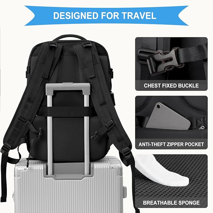 coowoz Large Travel Backpack For Women Men, Carry On Backpack,Hiking Backpack Waterproof Outdoor Sports Rucksack Casual Daypack Expandable Heavy Duty Extra large Backpack Black Expansion