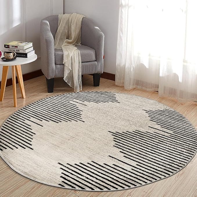 Rugshop Bohemian Stripe Stain Resistant High Traffic Living Room Kitchen Bedroom Dining Home Office Round Rug 8' Cream