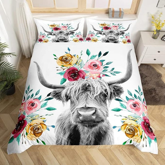 Feelyou Cow Duvet Cover Set Highland Cattle Flowers Comforter Cover Floral Printed Bedding Set for Kids Adults 1 Duvet Cover & 2 Pillowcases