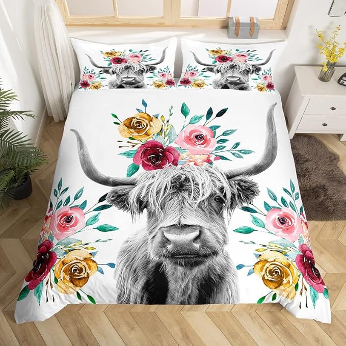 Feelyou Cow Duvet Cover Set Highland Cattle Flowers Comforter Cover Floral Printed Bedding Set for Kids Adults 1 Duvet Cover & 2 Pillowcases