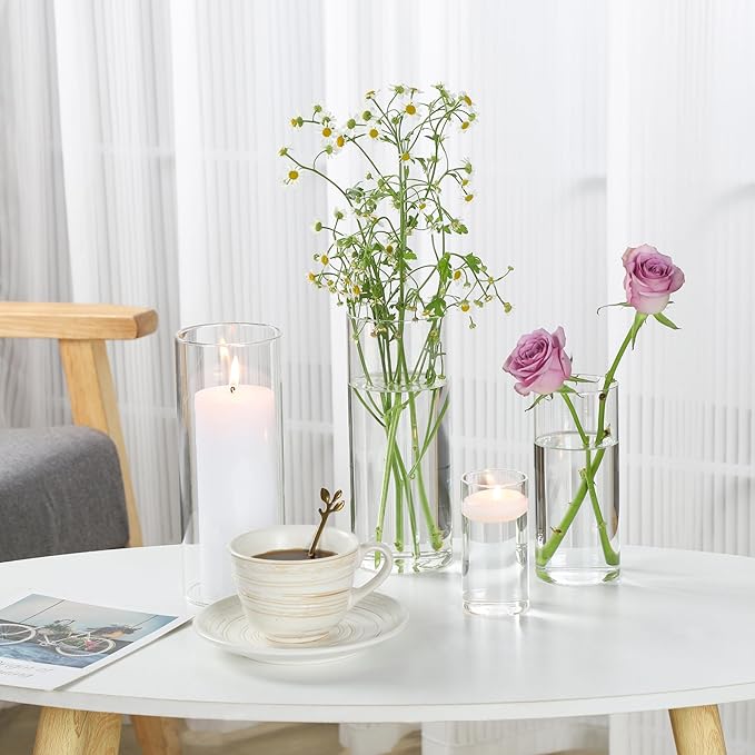 UDU 4 Pack Cylinder Glass Vases for Centerpiece 4,6,8,10 Inch Tall Clear Flower Vase Hurricane Candle Holder Floating Candle Vases for Table Centerpiece Wedding Home Decor