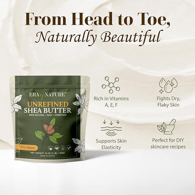 era of nature Organic Unrefined Raw African Ivory White Shea Butter 16oz - Moisturizing Raw Shea Butter Bar for Skin & Hair, DIY Lip Balm Base, Cream, Soap & Lotion Making Supplies Kit, Skincare