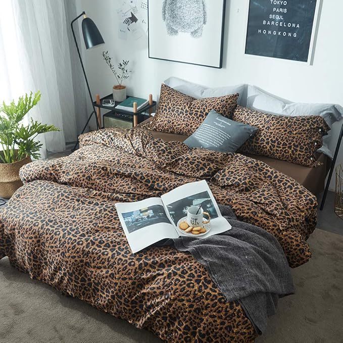 mixinni Leopard Print Duvet Cover King Size Long Staple Cotton Bedding Set with Zipper Closure Ties, Perfect for Man and Woman, Ultra Soft and Easy Care (3pcs, King Size)