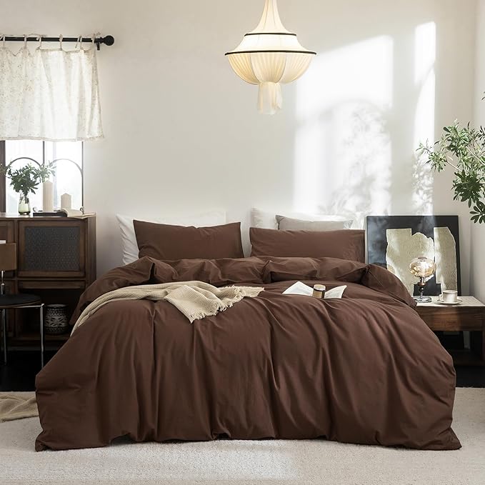 FOSSA Duvet Cover Set 100% Washed Cotton Linen Feel Super Soft Breathable Cozy 3 Pieces Bedding Sets Solid Cocoa Brown Oversized Queen