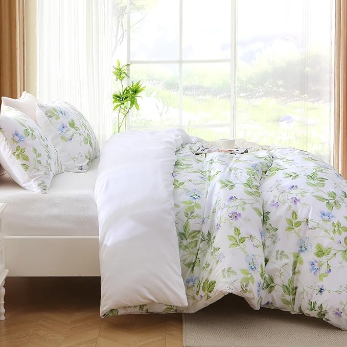 MUXHOMO Duvet Cover Queen Size, Reversible Floral Vintage Duvet Cover Set with Zipper Closure, 3 Pieces Botanical Patterns Soft Microfiber Bedding Set (90"x90", 2 Pillow Cases, Green Branch)