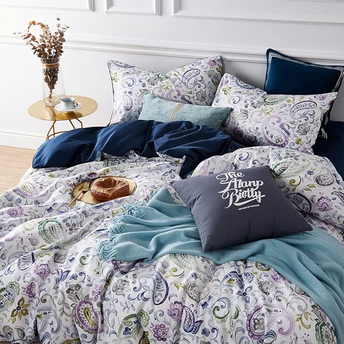 Cupocupa Duvet Cover Set, Queen, Microfiber, White Paisley Pattern, Boho Floral, 3 Pieces