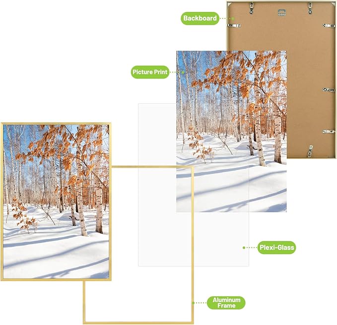 Golden State Art, 16x24 Aluminum Picture Frame, Gold Metal Thin Poster Frames for 16 x 24 inch Photo, Acrylic Front, Wall Hook for Horizontal or Vertical Display, 3 Pack