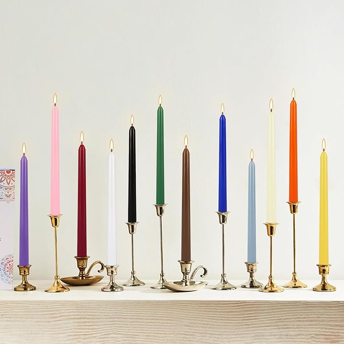 24 Colored Taper Candles, 7-8 Hours Burn Time, Unscented, Smokeless and Dripless, 0.75 x 10 Inch Dinner Candle Set for Household, Wedding, Party and Home Décor Candlesticks