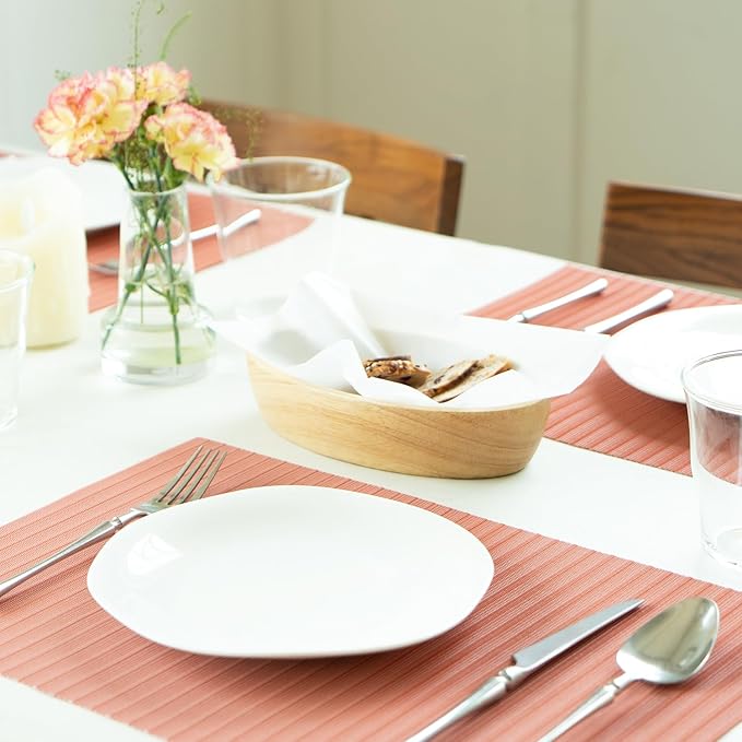 Placemats Set of 8 Vinyl/Plastic Woven Place Mats for Kitchen Table Indoor/Outdoor Washable Placemat Wipeable Dining Table Mats (Red Stripes,8)